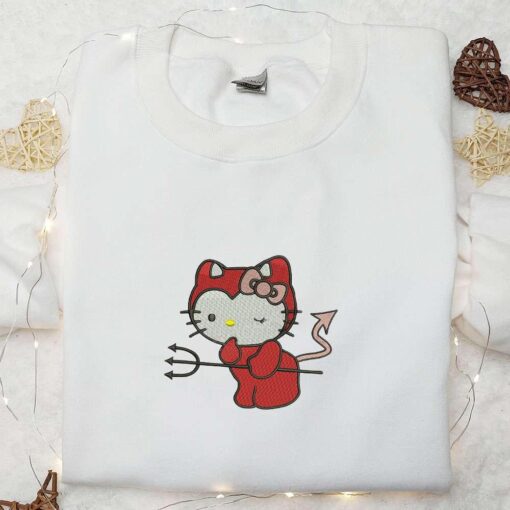 Kitty Devil Embroidered Sweatshirt Adorable Halloween Embroidered Hoodie Spirit Halloween Embroidered T shirt