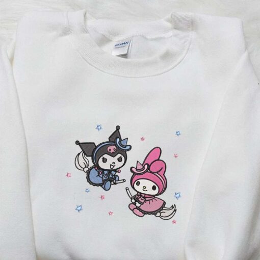 Kuromi and My Melody Witches Embroidered Hoodie Cute Halloween Embroidered Sweatshirt Best Gifts for Daughter