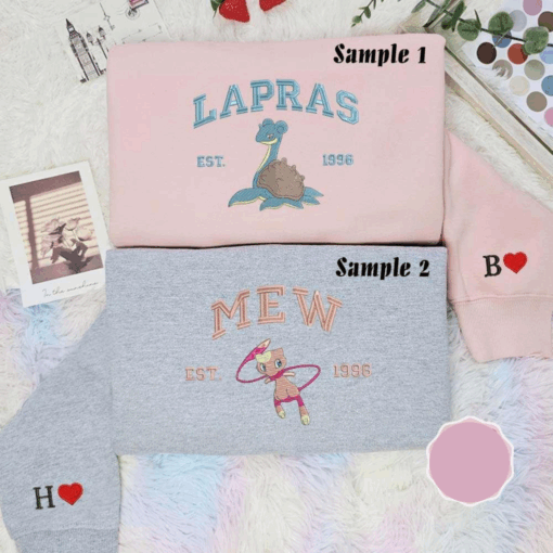 Lapras And Mew Est 1996 Pokemon Anime Embroidered Couples Shirts, Best Gift for Anime Fans