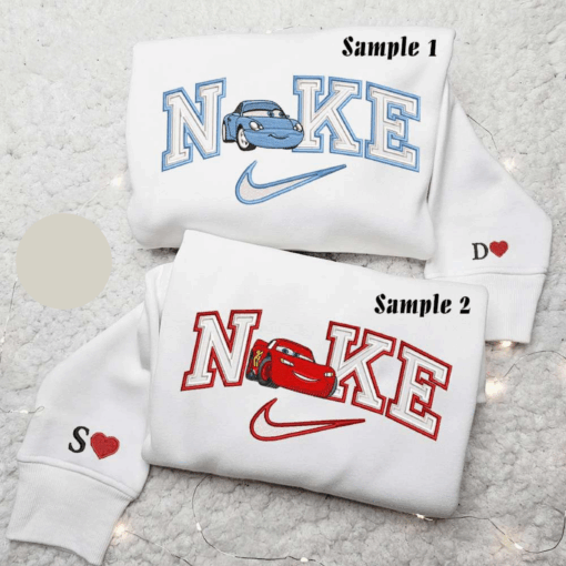 Lightning McQueen And Sally Carrera x Nike Couple Embroidered Shirt Disney Cars Embroidered Hoodie Valentines Day Embroidered Sweatshirt