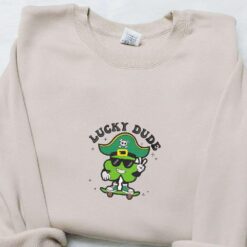 Lucky Dude Shamrock Skater Embroidered Shirt Saint Patricks Day Embroidered Hoodie Best Holiday Gift Ideas