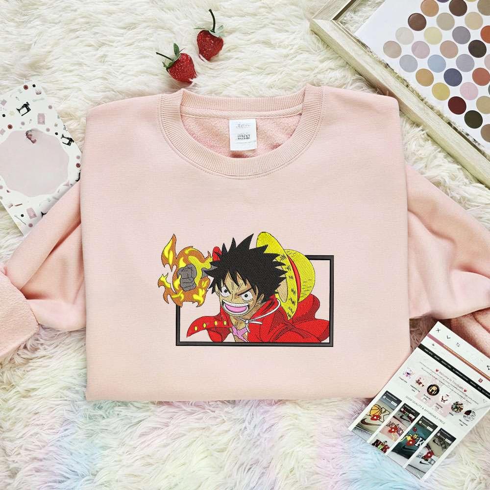 Luffy Fire Punch One Piece Anime Embroidered Shirt , Anime Embroidered T-shirt Sweatshirt Hoodie, Inspired Anime Movie, Best Gift for Anime Fans