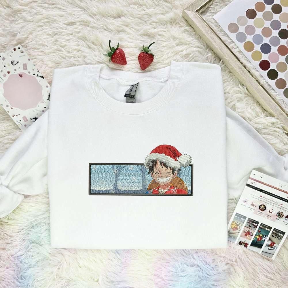 Luffy With Santa Hat One Piece Anime Embroidered Shirt Ycamm , Anime Embroidered T-shirt Sweatshirt Hoodie, Inspired Anime Movie, Best Gift for Anime Fans