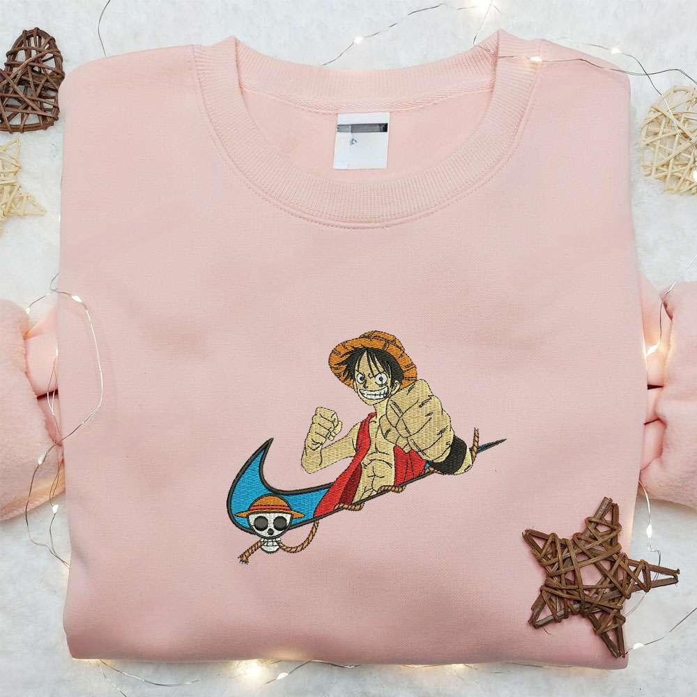 Luffy X Nike Swoosh , Anime Embroidered T-shirt Sweatshirt Hoodie, Inspired Anime Movie, Best Gift for Anime Fans