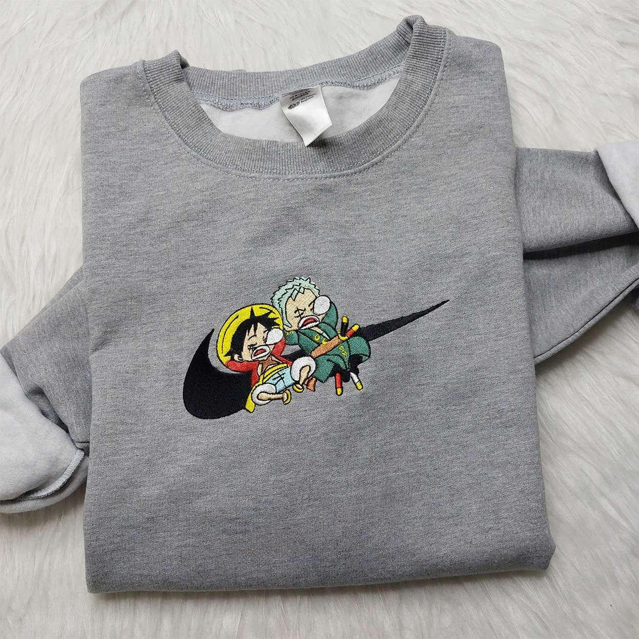 Luffy Zoro Nike Swoosh , Anime Embroidered T-shirt Sweatshirt Hoodie, Inspired Anime Movie, Best Gift for Anime Fans