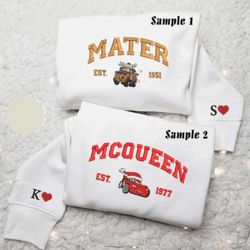 Mater And Mcqueen Christmas Embroidered Couple Shirt Disney Characters Embroidered Shirt Christmas Embroidered Hoodie