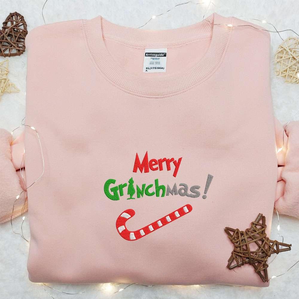 Merry Grinchmas Candy Cane Embroidered Shirt Retro Christmas Embroidered Hoodie Best Christmas Gifts For Family