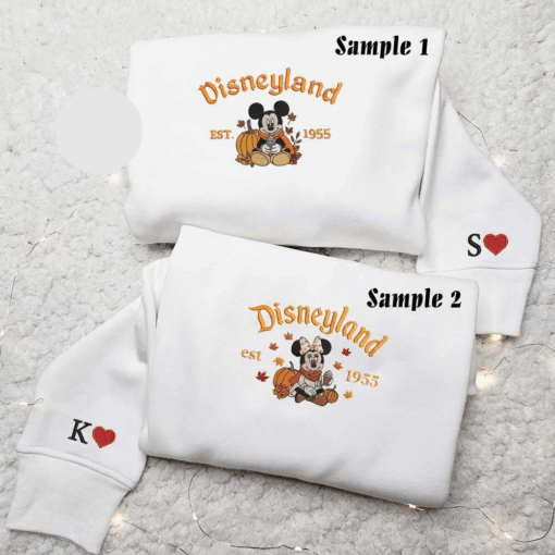 Mickey And Minnie Autumn Fall Disneyland Embroidered Couples Shirts