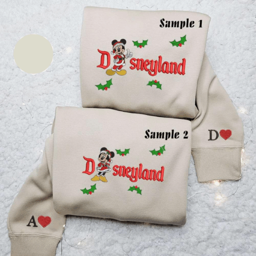 Mickey And Minnie Disneyland Christmas Embroidered Couple Shirt Disney Characters Embroidered Shirt Christmas Embroidered Hood