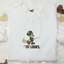 Mickey Just Lucky x Nike Swoosh Embroidered Shirt Disney Characters Embroidered Hoodie Best Saint Patricks Day Gift Idea