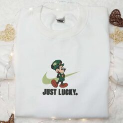 Mickey Just Lucky x Nike Swoosh Embroidered Shirt Disney Characters Embroidered Hoodie Saint Patricks Day Gift Ideas