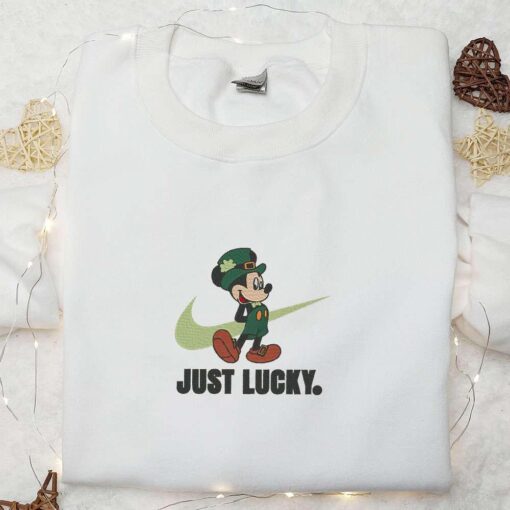 Mickey Just Lucky x Nike Swoosh Embroidered Shirt Disney Characters Embroidered Hoodie Saint Patricks Day Gift Ideas