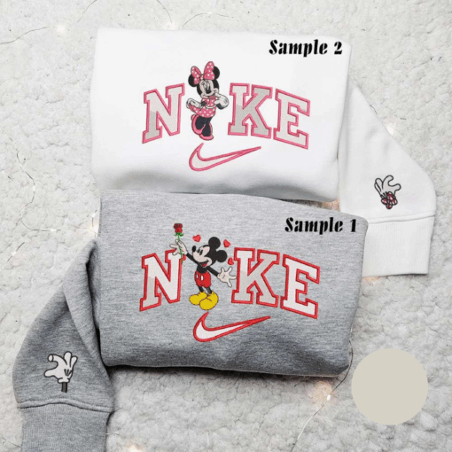 Mickey Mouse And Minnie Mouse x Nike Couple Embroidered Shirt Disney Characters Embroidered Hoodie Valentines Day Embroidered Sweatshirt