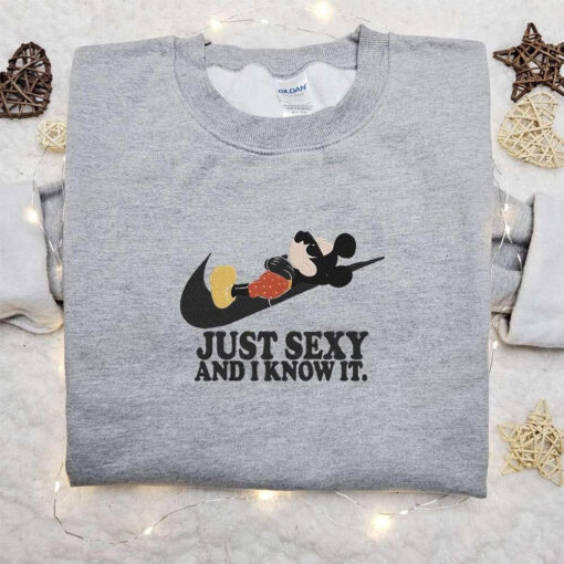 Mickey Mouse Just Sexy x Swoosh Embroidered Sweatshirt Walt Disney Characters Embroidered Shirt Best Birthday Gift Ideas for Family