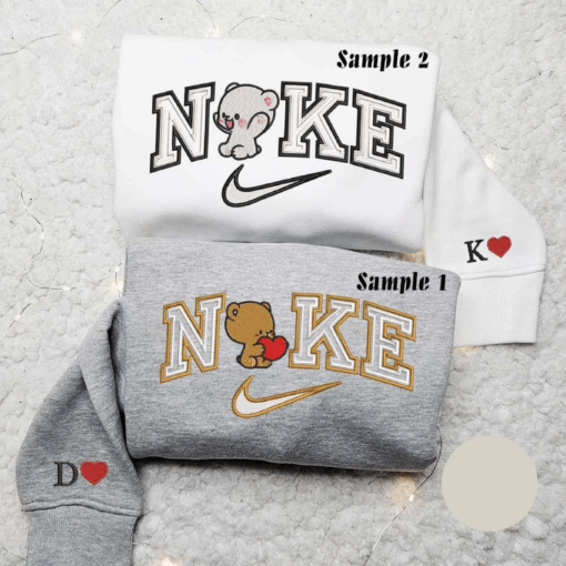 Milk And Mocha Bears x Nike Couple Embroidered Shirt Cartoon Embroidered Hoodie Valentines Day Embroidered Sweatshirt