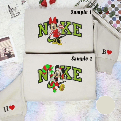 Minnie And Mickey Christmas Candy Canes Embroidered Couples Shirts
