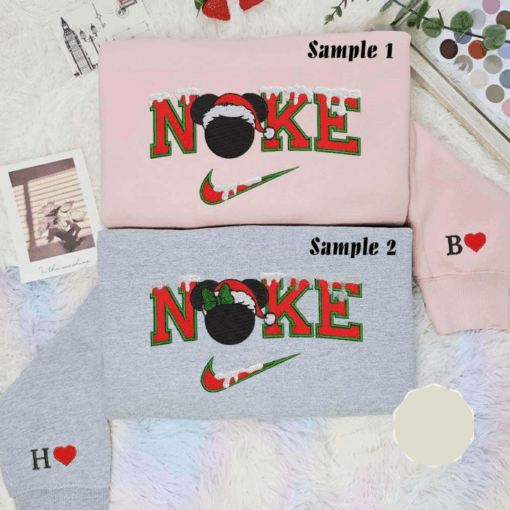 Minnie And Mickey Head Christmas Embroidered Couples Shirts