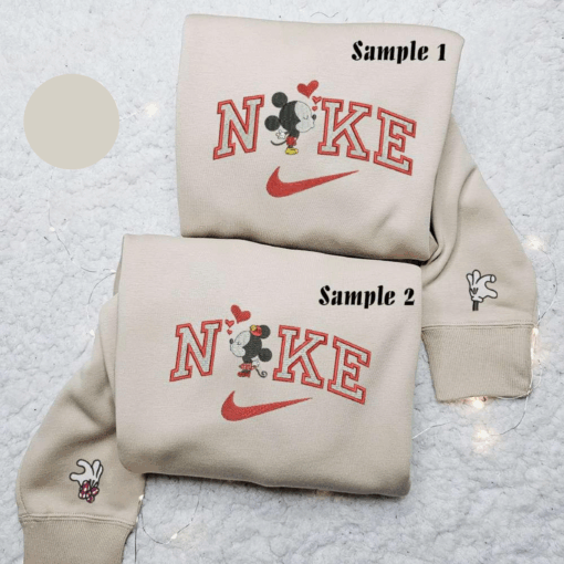 Minnie And Mickey Kiss Hearts x Nike Couple Embroidered Shirt Disney Characters Embroidered Hoodie Valentines Day Embroidered Sweatshirt