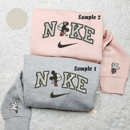 Minnie And Mickey Kiss x Nike Couple Embroidered Shirt Disney Characters Embroidered Hoodie Valentines Day Embroidered Sweatshirt