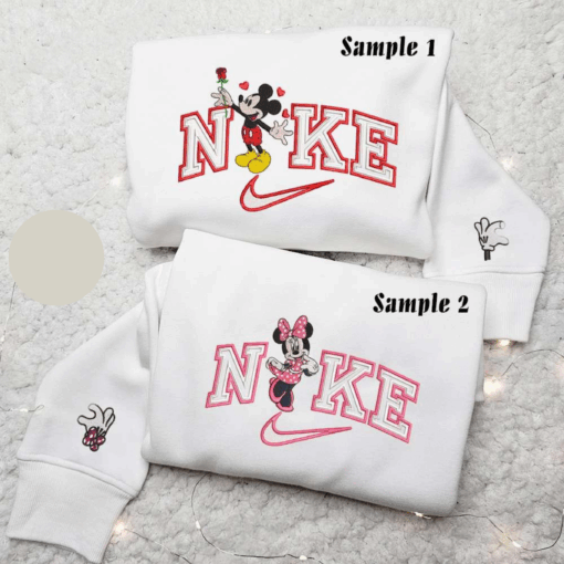 Minnie And Mickey Love x Nike Couple Embroidered Shirt Disney Characters Embroidered Hoodie Valentines Day Embroidered Sweatshirt
