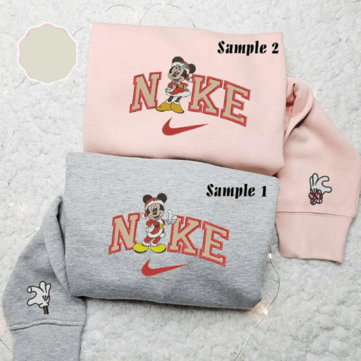 Minnie And Mickey Santa X Nike Couple Embroidered Shirt Disney Characters Embroidered Hoodie Christmas Embroidered Sweatshirt