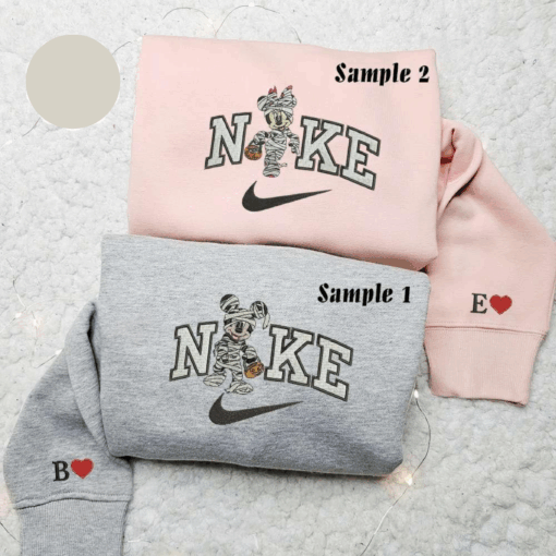 Minnie And Mickey Spooky Mummy x Nike Couple Embroidered Shirt Disney Characters Embroidered Hoodie Halloween Embroidered Sweatshirt