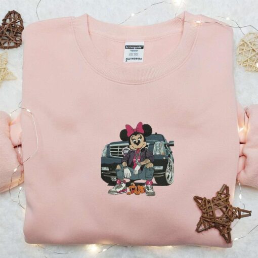 Minnie Mouse Cosplayer With Car Embroidered Shirt Disney Characters Embroidered Hoodie Best Gift Idea