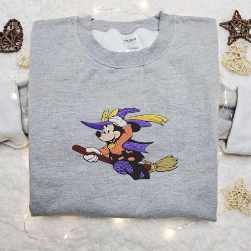 Minnie Mouse Witch Fly With Broom Embroidered Hoodie Disney Halloween Embroidered Shirt Best Halloween Gift Ideas