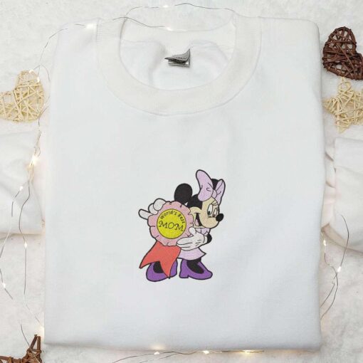 Minnie With World Best Mom Badge Embroidered Shirt Disney Characters Embroidered Hoodie Cute Mothers Day Gift