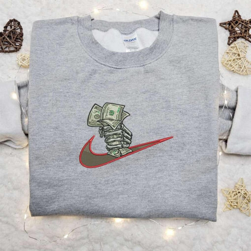 Money Hand x Swoosh Embroidered Sweatshirt Nike Inspired Embroidered Shirt Cool Anime Clothing