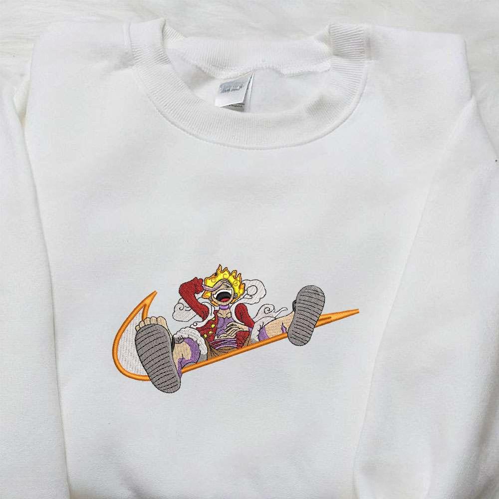Monkey D Luffy Gear 5 X Nike Swoosh Anime , Anime Embroidered T-shirt Sweatshirt Hoodie, Inspired Anime Movie, Best Gift for Anime Fans