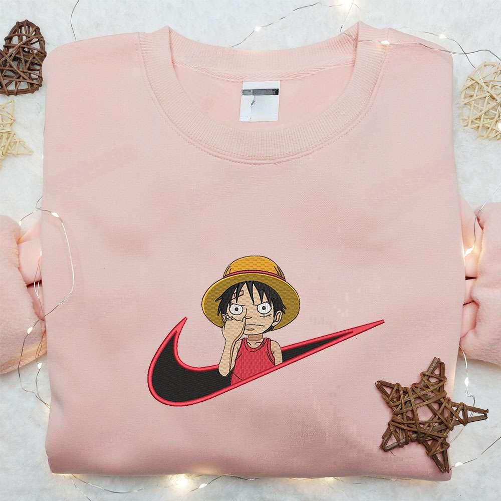 Monkey D Luffy Kid X Nike Swoosh Anime , Anime Embroidered T-shirt Sweatshirt Hoodie, Inspired Anime Movie, Best Gift for Anime Fans