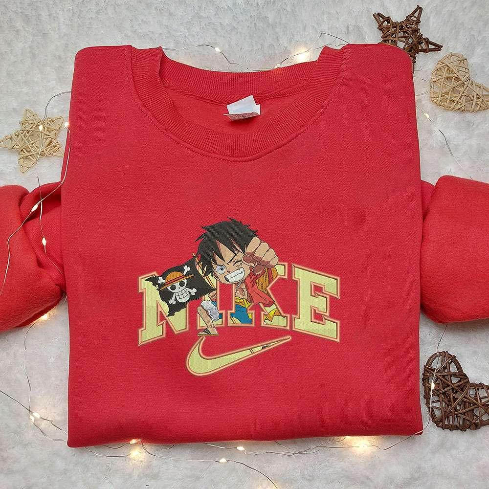 Monkey D Luffy Kid x Nike Swoosh Anime Embroidered Hoodie One Piece Embroidered Shirt Nike Inspired Embroidered Shirt