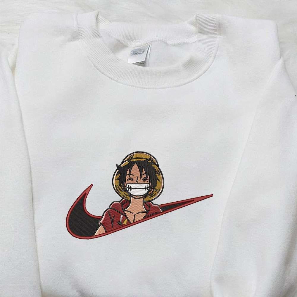 Monkey D Luffy Laughing X Nike Swoosh , Anime Embroidered T-shirt Sweatshirt Hoodie, Inspired Anime Movie, Best Gift for Anime Fans