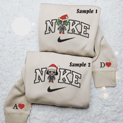 Nike X Chibi Beetlejuice And Jigsaw Xmas Horror Halloween Embroidered Couples Shirts