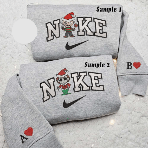Nike X Chibi Freddy And Michael Myers Xmas Horror Halloween Embroidered Couples Shirts