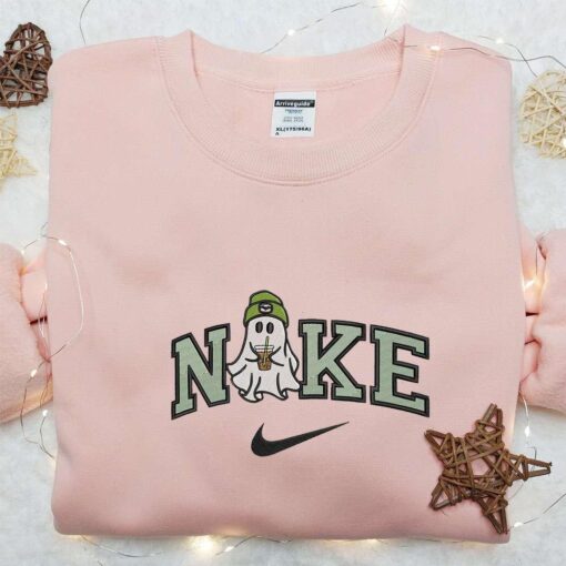 Nike x Ghost Drinking Iced Coffee Embroidered Sweatshirt Spooky Funny Embroidered Hoodie Nike Inspired Embroidered T shirt