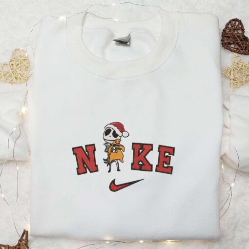 Nike x Jack Skellington Christmas Hat Embroidered Sweatshirt The Nightmare Before Christmas Embroidered Hoodie Nike Inspired Embroidered T shirt