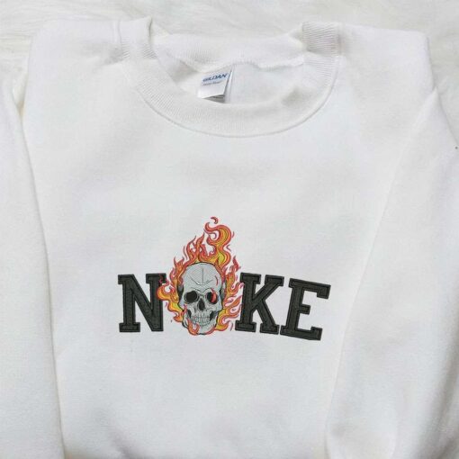 Nike x Skull on Fire Embroidered Shirt Nike Inspired Embroidered Shirt Best Gifts for Halloween Lovers