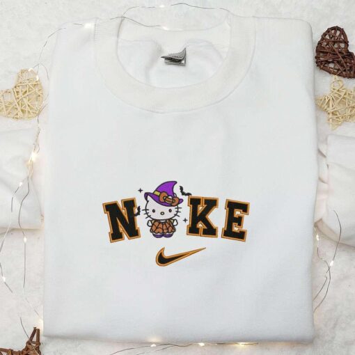 Nike x Spooky Witch Hello Kitty Embroidered Shirt Nike Halloween Embroidered Sweatshirt Cute Anime Embroidered Hoodie