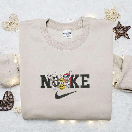 Nike x Stitch Jack and Angel Sally Embroidered Sweatshirt Horror Movie Halloween Embroidered Shirt Best Halloween Gift Ideas