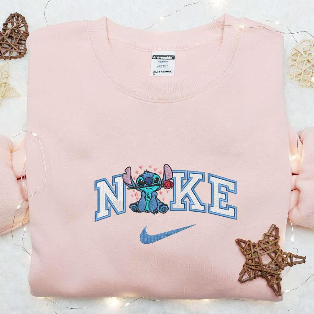 Nike x Stitch With Rose Embroidered Shirt Disney Characters Embroidered Hoodie Best Valentines Day Gift Ideas