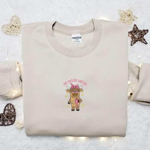 One Boujee Heifer Highland Cow Embroidered Shirt Animal Embroidered Hoodie Best Gift Idea