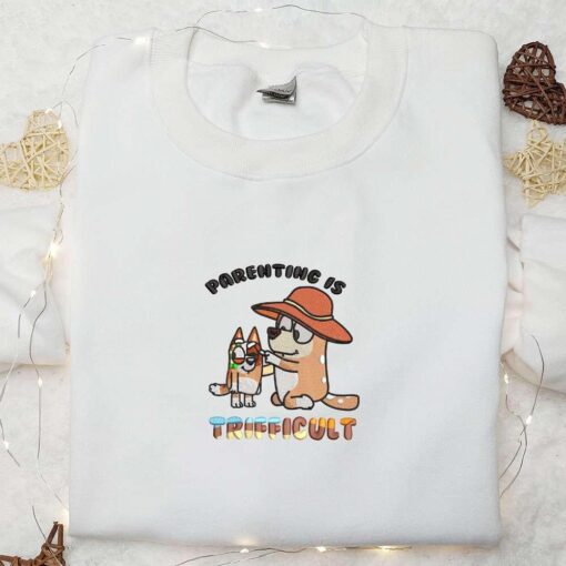 Parenting Is Trifficult Bingo And Chilli Embroidered Shirt Bluey Cartoon Embroidered Hoodie Mothers Day Gift Idea