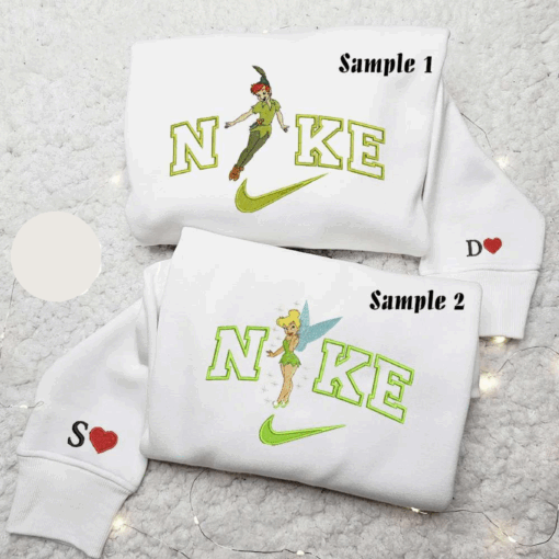 Peter Pan And Tinker Bell x Nike Couple Embroidered Shirt Disney Characters Embroidered Hoodie Valentines Day Embroidered Sweatshirt