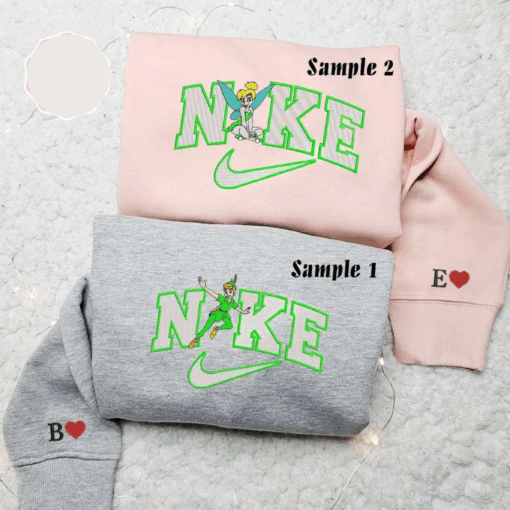 Peter Pan And Tinker Bell x Nike Couple Embroidered Shirt Disney Characters Embroidered Hoodie Valentines Day Embroidered Sweatshirt