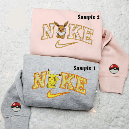 Pikachu And Eeve x Nike Couple Embroidered Shirt Pokemon Anime Embroidered Hoodie Nike Inspired Embroidered Sweatshirt