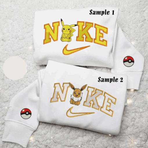 Pikachu And Eeve x Nike Couple Embroidered Shirt Pokemon Anime Embroidered Hoodie Nike Inspired Embroidered Sweatshirt