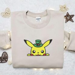 Pikachu With Leprechaun Hat x Nike Embroidered Shirt Pokemon Anime Embroidered Hoodie Saint Patricks Day Gift Idea