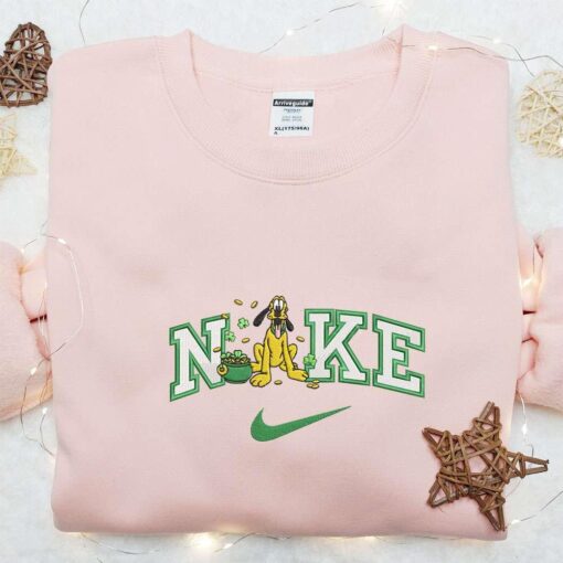 Pluto And Shamrock Gold Pot X Nike Embroidered Shirt Disney Characters Embroidered Shirt Saint Patricks Day Embroidered Hoodie
